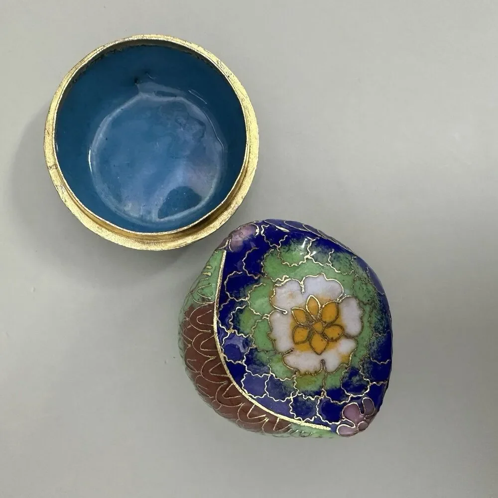 VTG Cloisonne Owl Trinket Box Mini Enamel Bird Figurine Jewelry Pill Box 2”